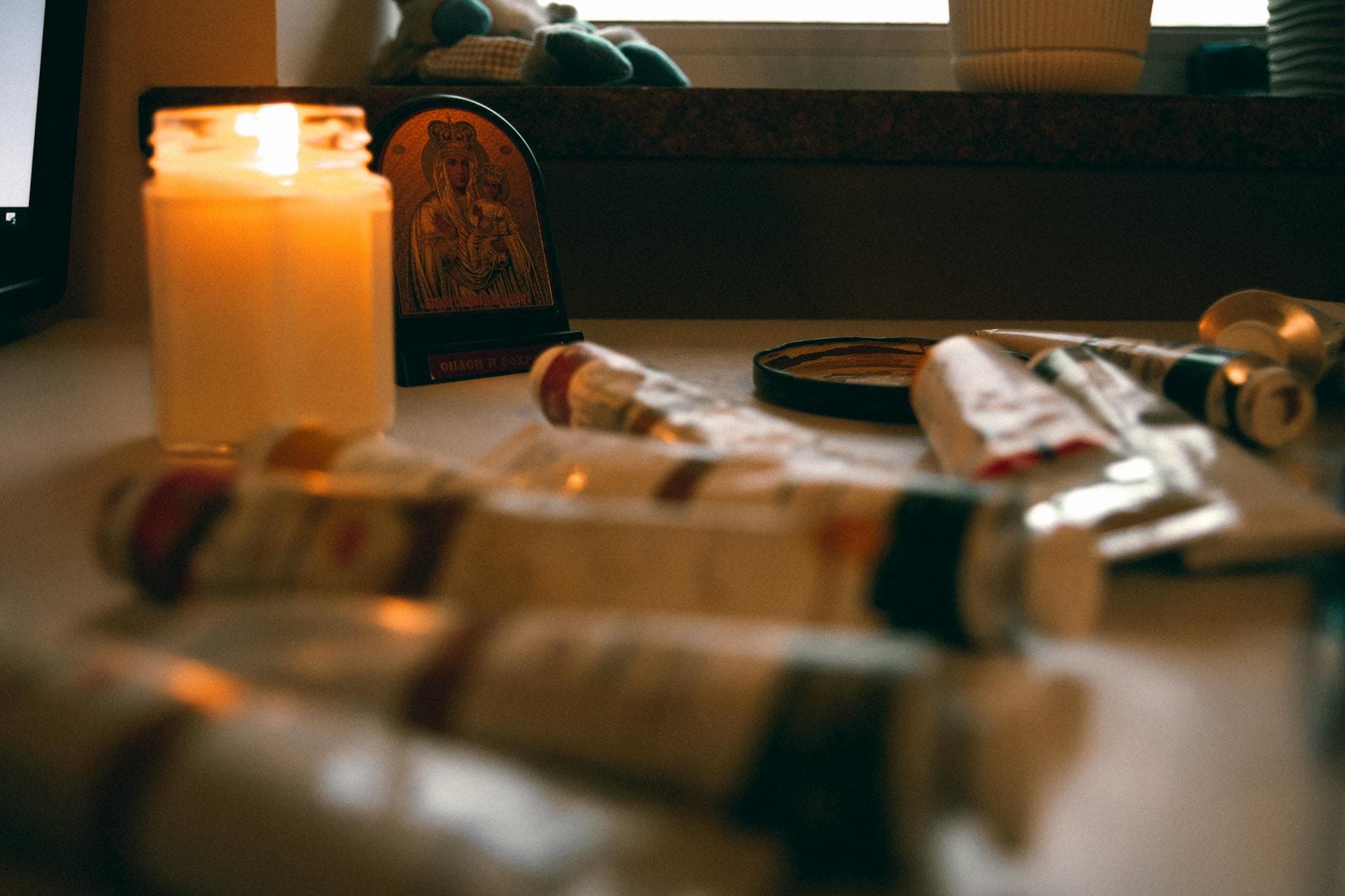 Warmly lit art studio in the evening